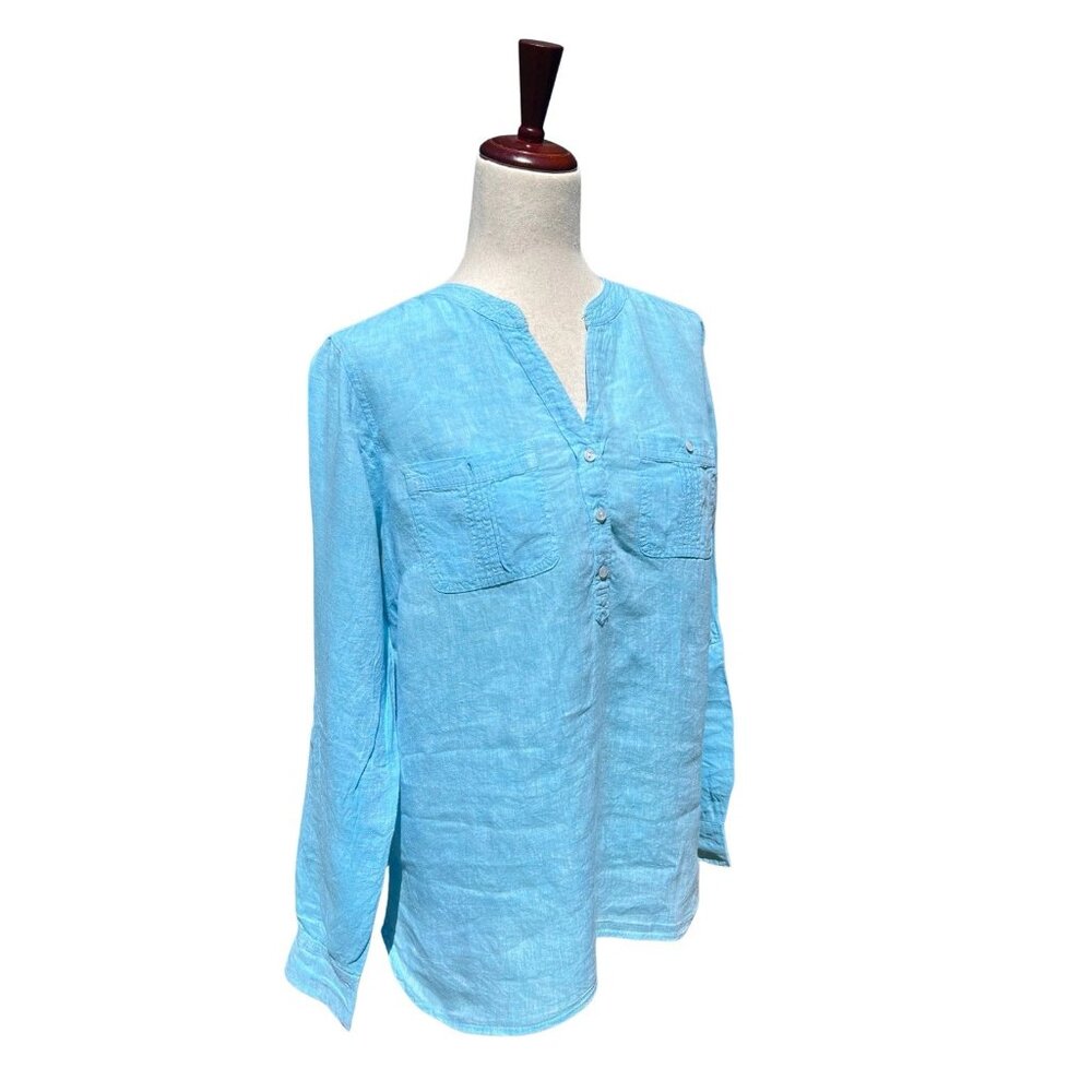 Talbots Pinktuck Popover 100% Linen Shirt Top Sz Small Tunic Long Tab Sleeve